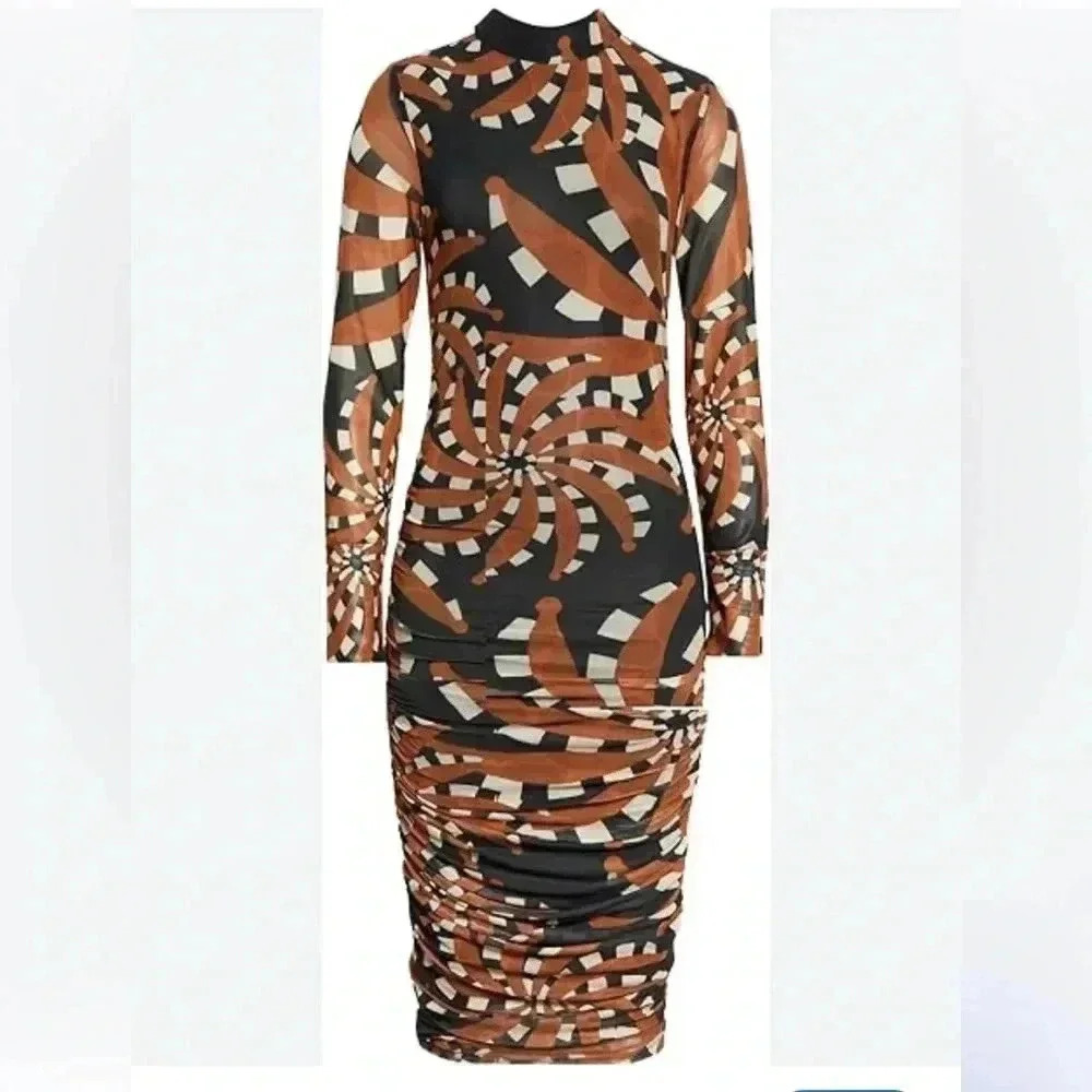 FARM Rio Black & Brown Swirl-Print Long-Sleeve Mini Dress